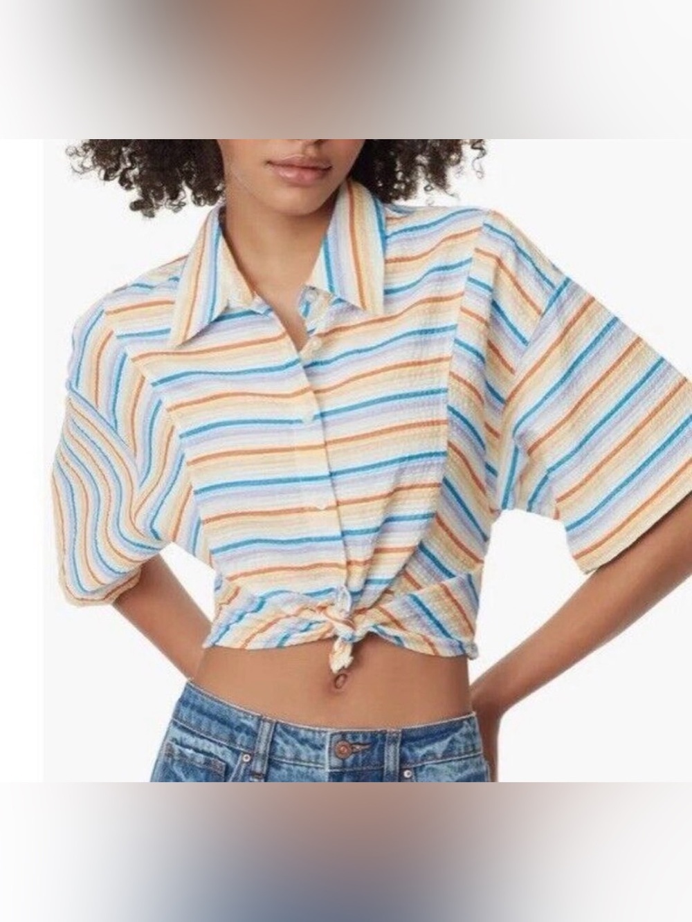 Circus by Sam Edelman Floral Short Sleeve Blouse Large Cropped Seersucker